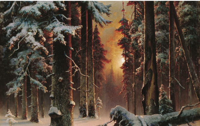 Юлий Клевер «Зимний закат в еловом лесу», 1889 г.